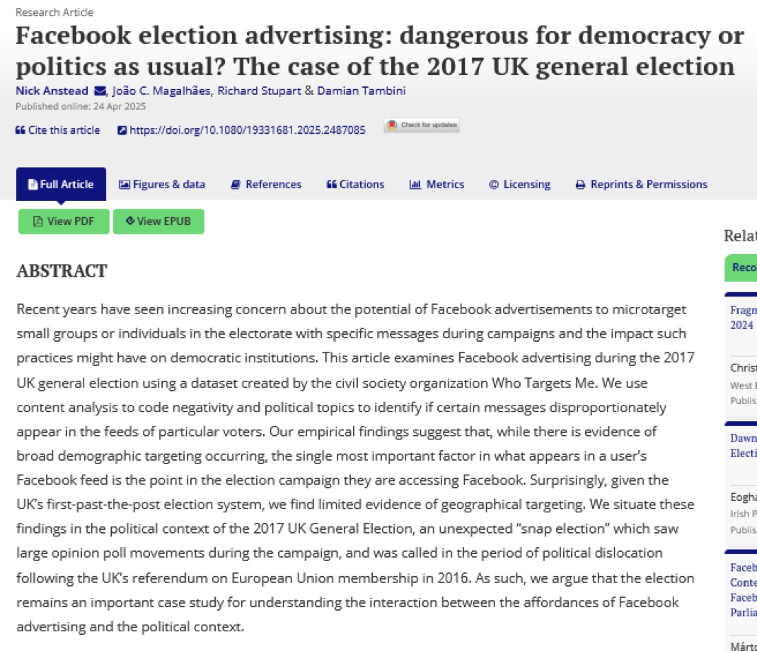 New article alert! Facebook election advertising: dangerous for democracy or politics as usual? The case of the 2017 UK general election